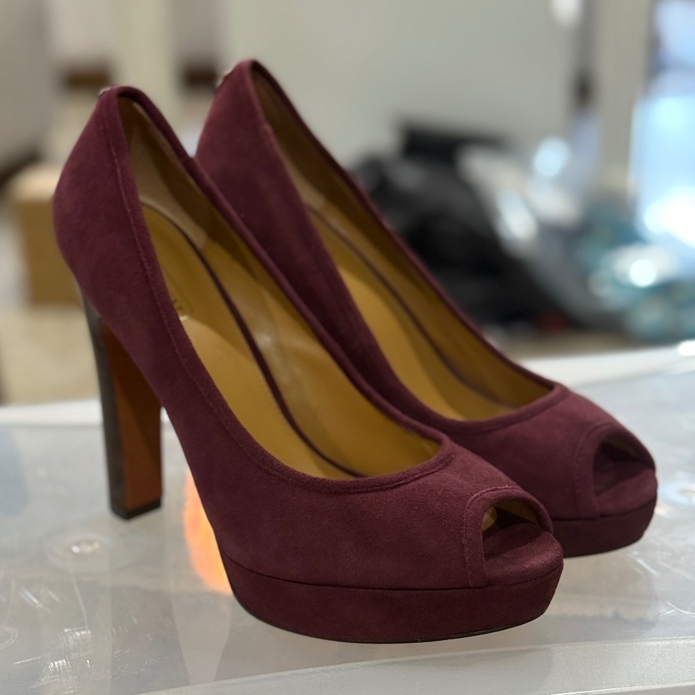 Coach Breana Burgundy Suede Peep Toe Heels